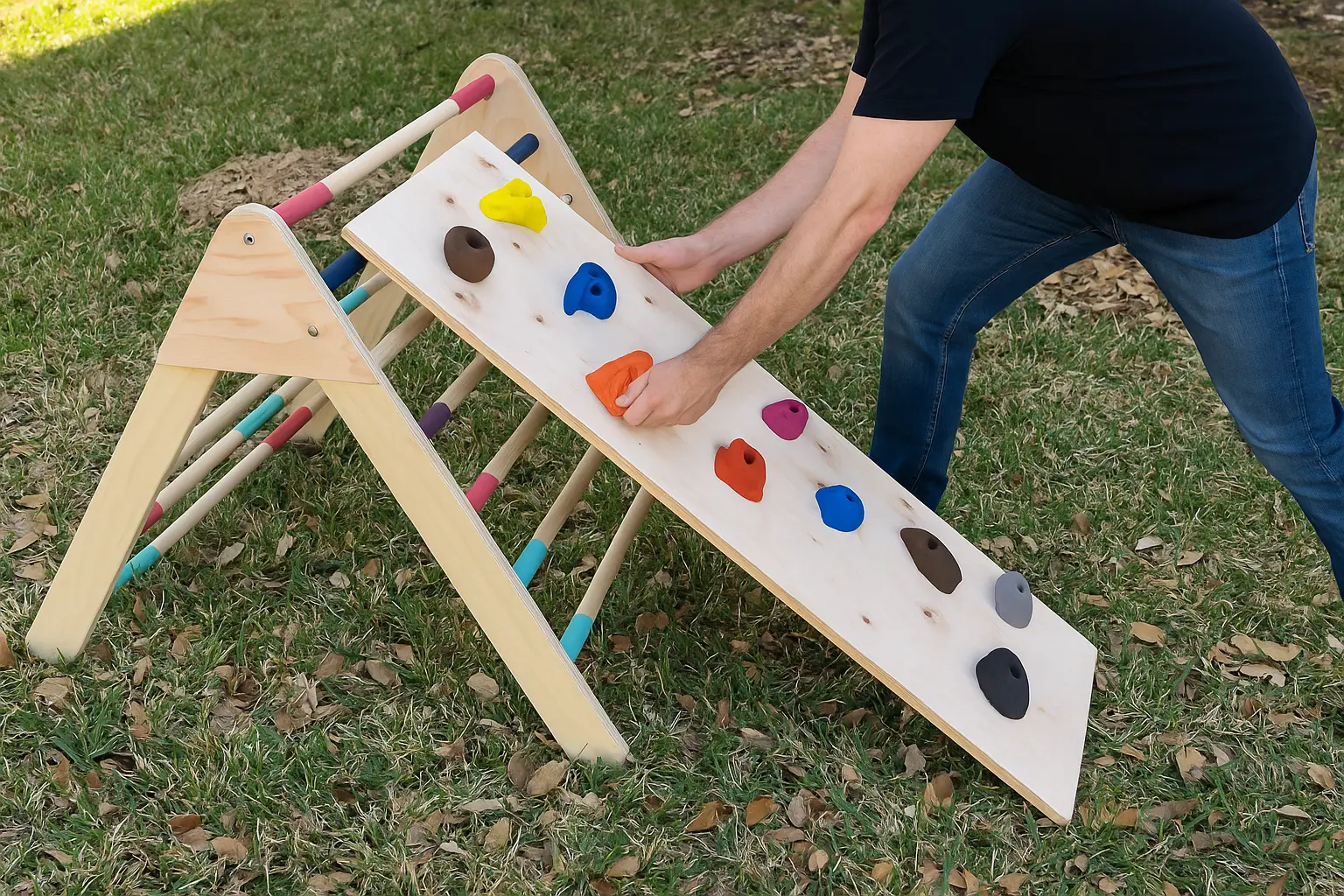 Completed DIY Pikler Triangle with climbing ramp - beautiful wooden climbing equipment for children